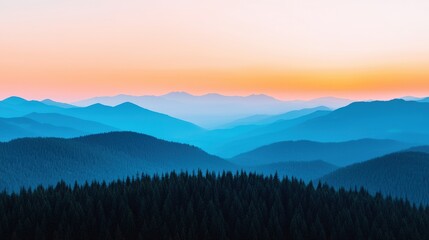 Stunning sunset illuminating blue mountain ranges over pine forest