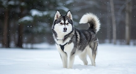 Standing Dog in Winter Scene with Snow Covered Ground