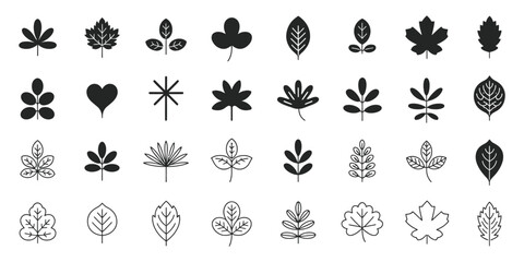 Leaf silhouettes vector collection with various shapes, ideal for eco-friendly brands, botanical designs, nature illustrations, and artistic or educational projects


