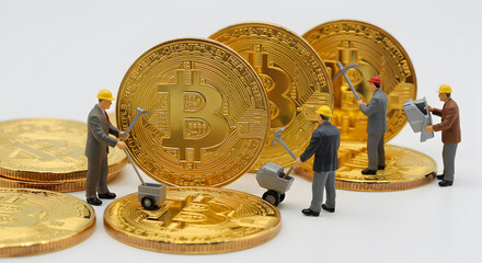 Miniature Miners Working on Gold Coins Illustrating Bitcoin Mining Concept on White Background