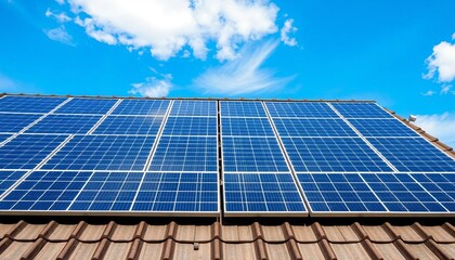 Naklejka premium Solar panels seamlessly integrated onto a residential roof against a vibrant blue sky, solar cell, photovoltaic cell