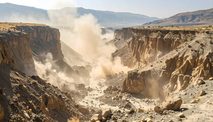 Dramatic Dust Storm in Arid Canyon Landscape Rugged Cliffs Erosion Geological Formation