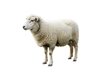 A full body shot of a white sheep standing against a plain white background in a studio setting