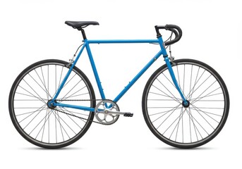 Isolated blue fixed gear bicycle with black seat and tires on white background