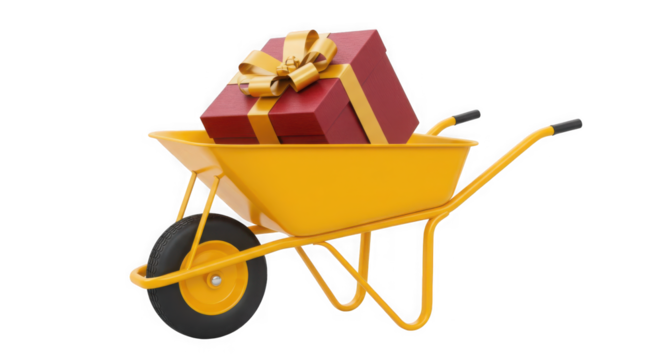 A yellow wheelbarrow carrying a red gift box with a golden ribbon on transparent background - Powered by Adobe