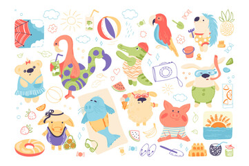 Summer vector stickers collection. Adorable animals relaxing on the beach. Cute hand drawn illustration. Rabbit, bear, pig, hedgehog, parrot, flamingo, croco, seal, cow, pineapple, strawberry.