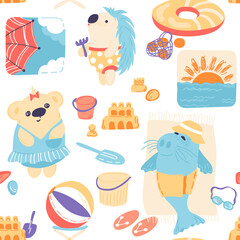 Summer vector print. Adorable animals relaxing on the beach. Hedgehog, bear, seal seamless pattern. Cute hand drawn illustration.