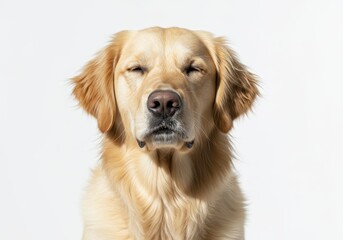 Obraz premium Golden retriever with eyes closed on white background in a close-up shot