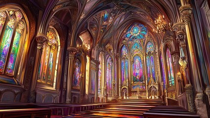 Naklejka premium Stunning cathedral interior, vibrant stained glass casting rainbow hues, intricate arches and lavish carvings framing the space, centered low-angle perspective. 