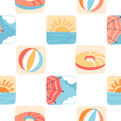 Beach bright umbrellas, ball, swimming ring in a simple style. Seamless vector summer pattern.