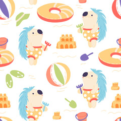 Cute hedgehog in swimsuit builds sandcastles on the beach. Vector illustration in simple hand drawn style. Seamless summer pattern for paper, fabrics, textiles, kids wallpaper.