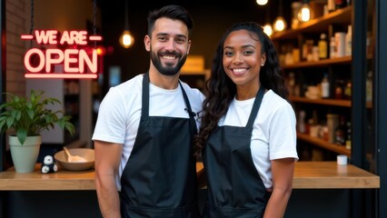 smiling multiracial cafe owners wearing aprons, standing in front of counter with open sign. small business theme. entrepreneurship and teamwork. restaurant branding, commercial use.