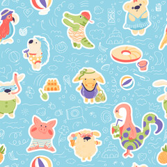 Summer seamless pattern. Adorable animals relaxing on the beach. Cute hand drawn illustration. Bear, flamingo, rabbit, parrot, seal, sheep, pig, croco, cow funny vector characters.