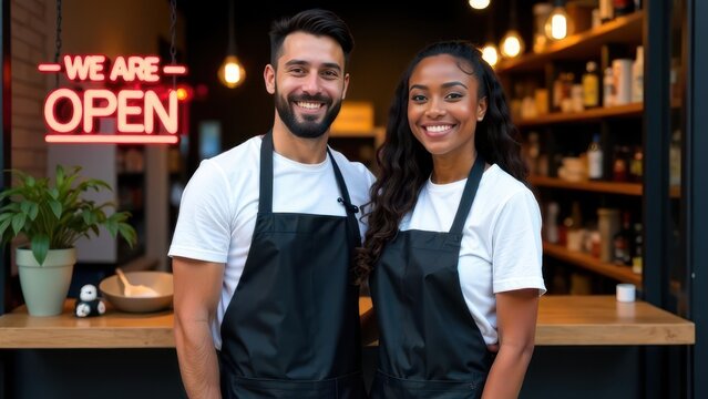 smiling multiracial cafe owners wearing aprons, standing in front of counter with open sign. small business theme. entrepreneurship and teamwork. restaurant branding, commercial use. - Powered by Adobe