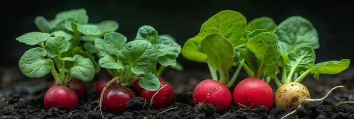 Fresh organic radishes growing in garden soil with healthy green leaves and rich harvest ready for picking in natural sunlight