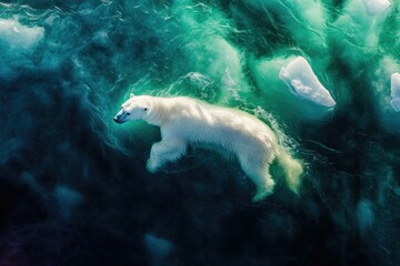 Fototapeta premium A majestic polar bear gracefully swims in teal arctic waters, surrounded by melting ice.