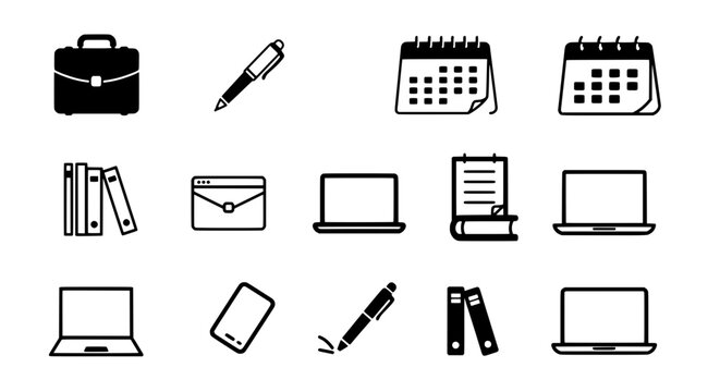 Business Essentials: A collection of essential office supplies, rendered in clean, modern minimalist design, perfect for illustrating concepts of work, productivity, and planning.