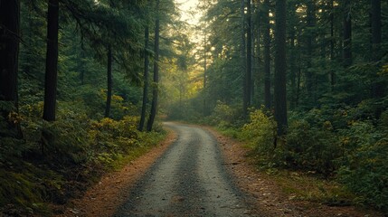 Fototapeta premium A scenic asphalt path winds through a green autumn forest with yellow leaves on the trees, creating a beautiful nature landscape in the woods under the sky with hints of fog