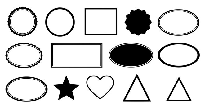 Basic Shape Frames Collection: A comprehensive set of versatile geometric shapes, including circles, squares, rectangles, ovals, stars, hearts, and triangles, perfect for creating modern.