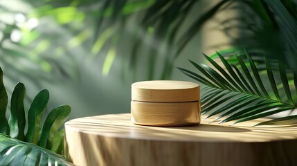 Organic Skincare Product Display – Eco-Friendly Cream Jar with Wooden Lid, Aloe Vera, Tropical Leaves, Minimalist Design, Serene Spa Ambience, Natural Beauty Concept, High-Quality Photographic 