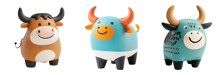 Cute cartoon animals featuring three colorful cows with playful expressions. cows have distinct colors and designs