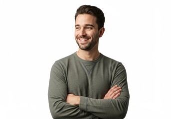Smiling man with arms crossed looks to the side on white background