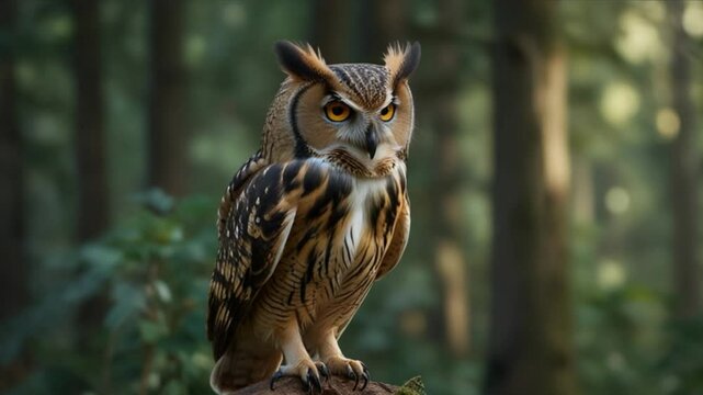 Majestic owl perched on a moss-covered branch in a dense forest