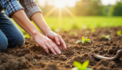 Couple planting seeds in green fields, nurturing nature's growth