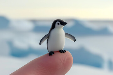Fototapeta premium Charming hyperrealistic miniature penguin perched on a fingertip in an icy landscape during bright daylight