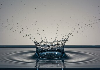 Water droplet creates a crown splash with ripples and smaller droplets in the air
