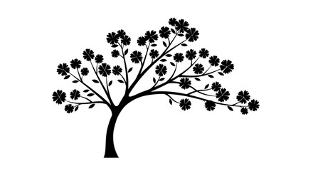 Artistic silhouette of flowering tree: A serene black and white artistic illustration, capturing the delicate beauty of a blooming tree, its branches adorned with elegant floral blossoms.