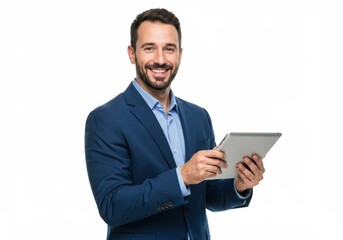 Smiling businessman in suit holding tablet on white background, looking at camera