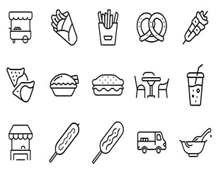 Street Food Outline Icons Set – Minimal Line Art Collection for Urban Eats & Fast Food Design