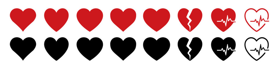 Set of heart icons in red and black, including full hearts, broken hearts, and heartbeat line designs. Suitable for love, romance, heartbreak, and medical themed visuals. Heart, heartbeat, icons.