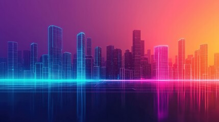 Obraz premium Futuristic city skyline with glowing network towers and vibrant neon lights