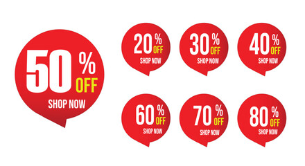 Different percent discount sticker discount price tag set. Discount Tags 20% 30% 40% 50% 60% 70%to 80% OFF Sale Labels for Promotions Marketing illustration isolated on white