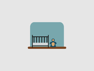 a minimalist illustration of a baby's crib and a stuffed penguin toy in a room