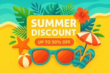 Tropical summer discount promotion with beach elements for seasonal sale campaigns
