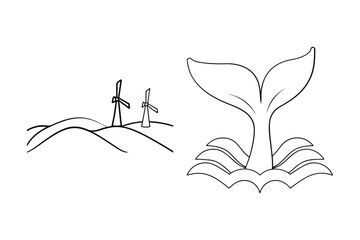 Simple black and white illustration depicting wind turbines on hills and a whale tail