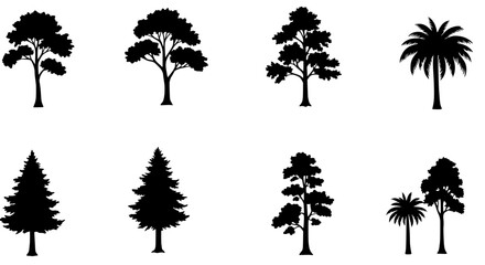 Fototapeta premium Tree Silhouette Set: This illustration features a set of eight diverse tree silhouettes, encompassing a range of styles and shapes. The silhouettes are simple yet elegant.