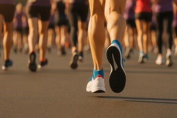 A group of runners participating in a race, showing close-up of athletic footwear in motion, promoting physical activity and fitness