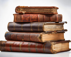 worn ancient books with frayed corners and cracked leather covers that contain history and information from the past are stacked high.