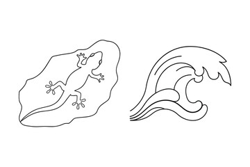 Black and white line art illustration of a gecko on a rock and a surfing wave