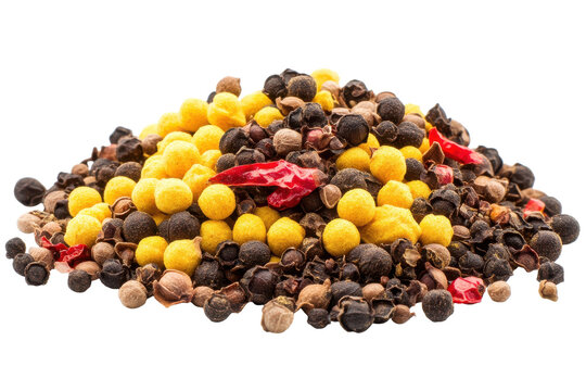 A spicy mountain of colorful peppercorns  chili flakes against a dark culinary backdrop