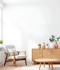 Fototapeta premium 3D rendering of a mockup white wall in a living room interior with an armchair and wooden table, plants on a sideboard against a window, Generative AI