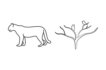 Simple black and white vector illustration featuring a walking cougar and a tree with birds