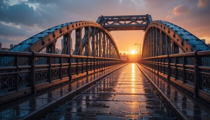 Obraz premium Majestic Sunset Bridge: A Tranquil Evening Scene
