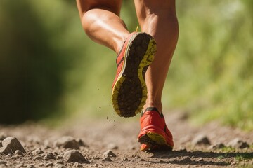 A close-up of running shoes hitting a gravel trail, showcasing the durability and grip of the footwear during outdoor trail running