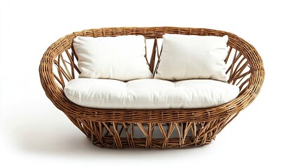 Rattan loveseat with cushions isolated on white