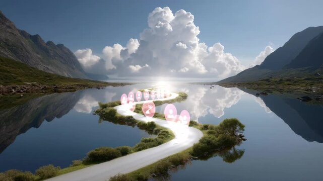 startup funding roadmap in surreal mountain landscape, startup funding roadmap visual with winding road to success, and startup funding roadmap journey toward future goals